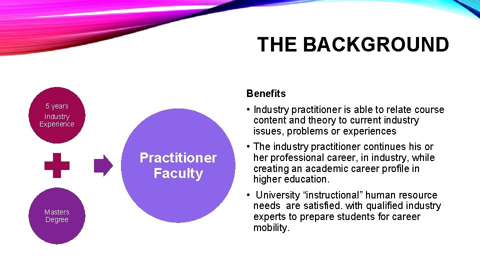 THE BACKGROUND Benefits 5 years • Industry practitioner is able to relate course content