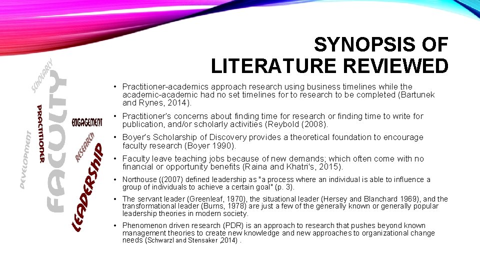 SYNOPSIS OF LITERATURE REVIEWED • Practitioner-academics approach research using business timelines while the academic-academic