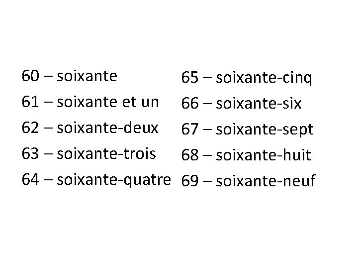 60 – soixante 61 – soixante et un 62 – soixante-deux 63 – soixante-trois