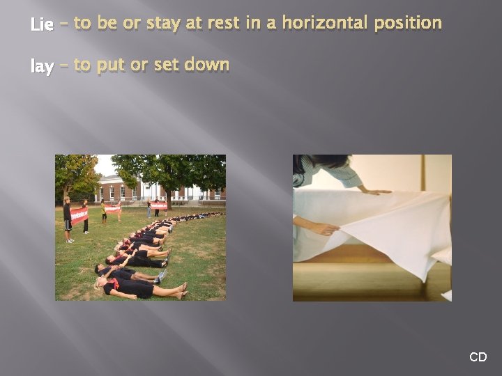 Lie – to be or stay at rest in a horizontal position lay –