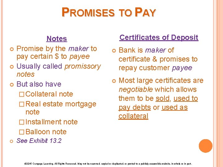 PROMISES TO PAY Notes Promise by the maker to pay certain $ to payee