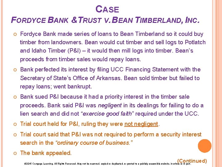 CASE FORDYCE BANK &TRUST V. BEAN TIMBERLAND, INC. Fordyce Bank made series of loans