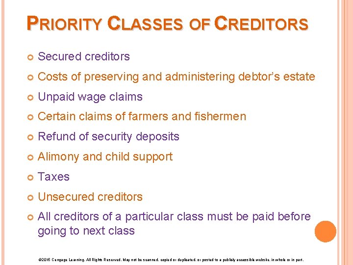 PRIORITY CLASSES OF CREDITORS Secured creditors Costs of preserving and administering debtor’s estate Unpaid