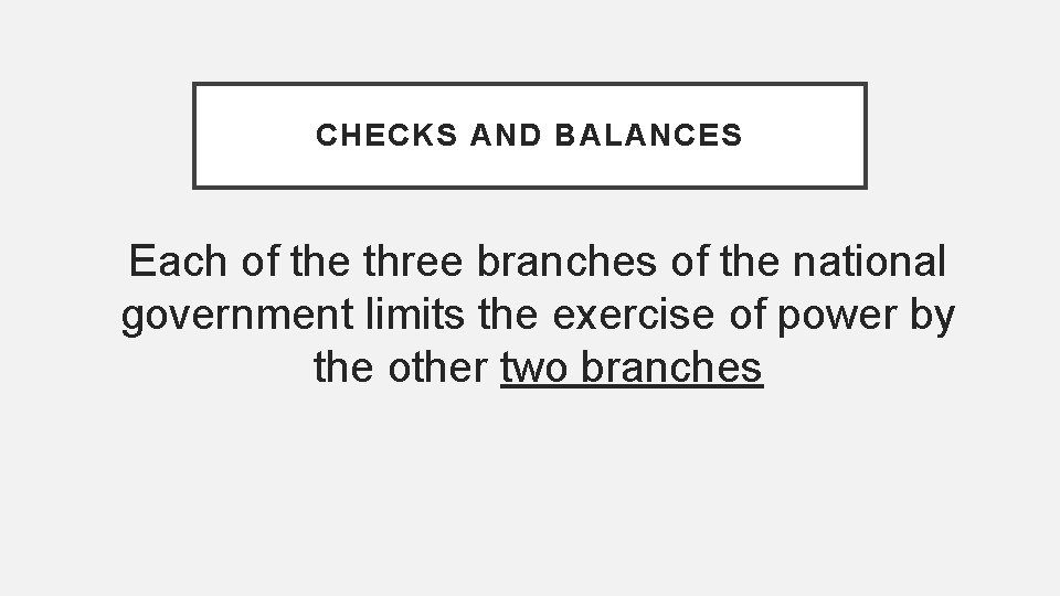 CHECKS AND BALANCES Each of the three branches of the national government limits the