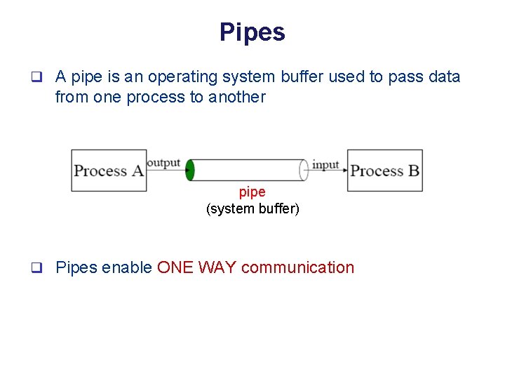 Pipes q A pipe is an operating system buffer used to pass data from