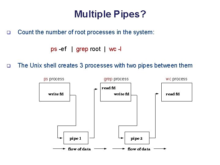 Multiple Pipes? q Count the number of root processes in the system: ps -ef