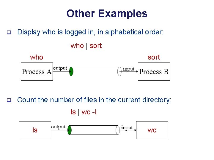 Other Examples q Display who is logged in, in alphabetical order: who | sort