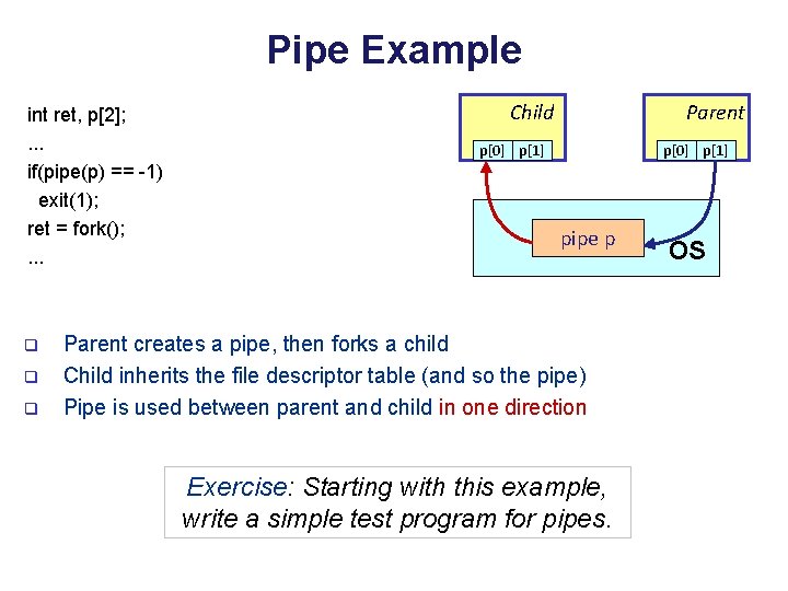 Pipe Example int ret, p[2]; . . . if(pipe(p) == -1) exit(1); ret =