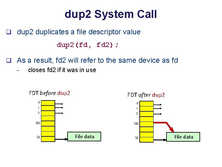 dup 2 System Call q dup 2 duplicates a file descriptor value dup 2(fd,