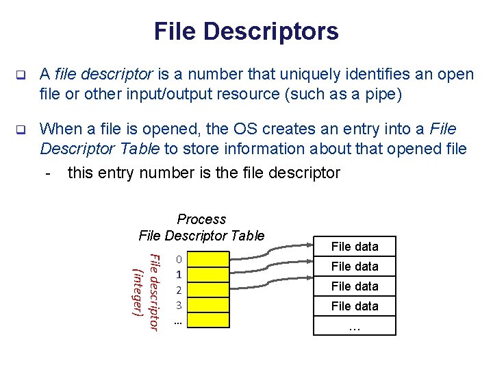 File Descriptors q A file descriptor is a number that uniquely identifies an open