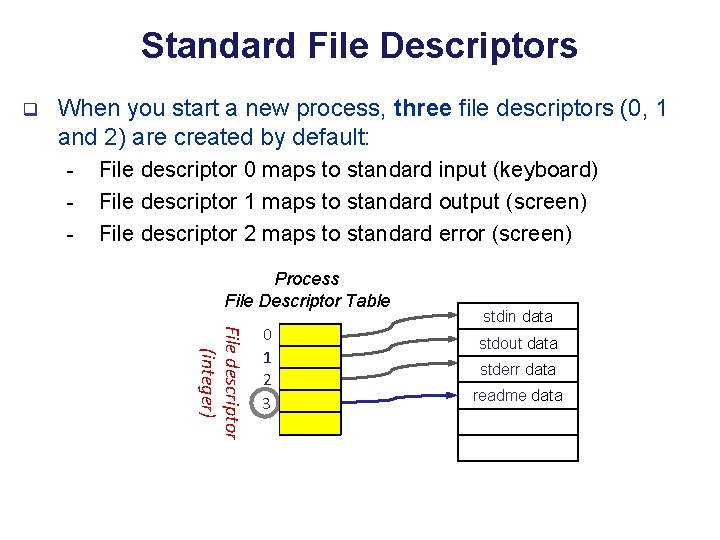 Standard File Descriptors q When you start a new process, three file descriptors (0,