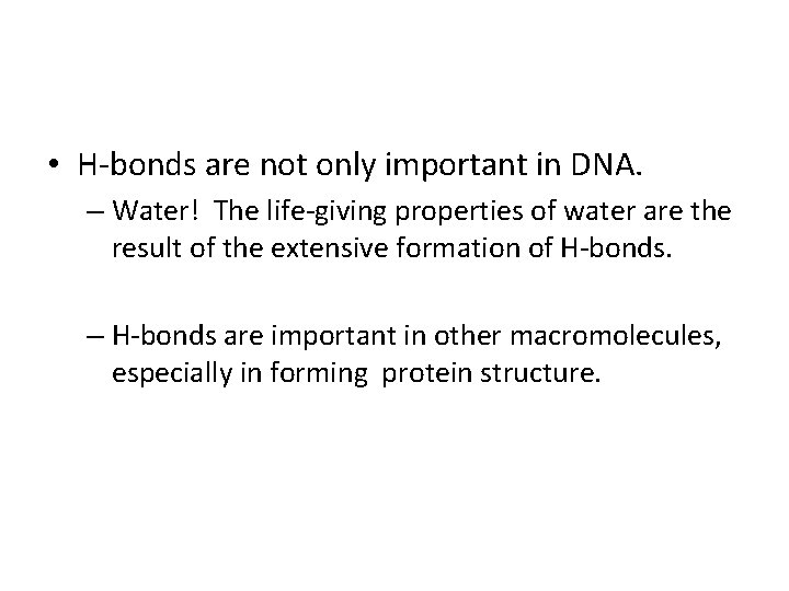  • H-bonds are not only important in DNA. – Water! The life-giving properties