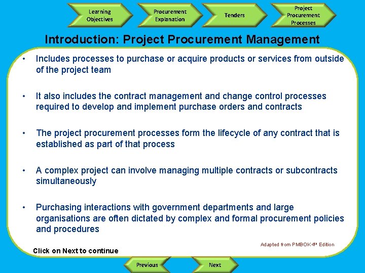 Learning Objectives Procurement Explanation Tenders Project Procurement Processes Introduction: Project Procurement Management • Includes