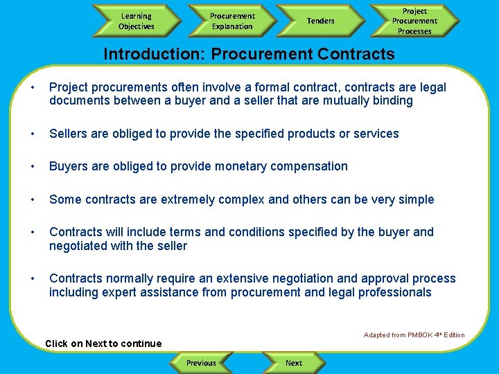 Learning Objectives Procurement Explanation Tenders Project Procurement Processes Introduction: Procurement Contracts • Project procurements