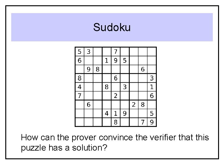 Sudoku How can the prover convince the verifier that this puzzle has a solution?