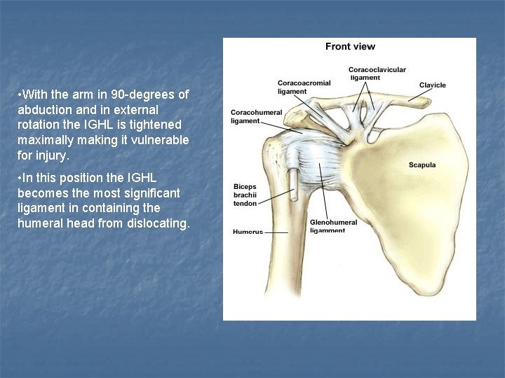  • With the arm in 90 -degrees of abduction and in external rotation