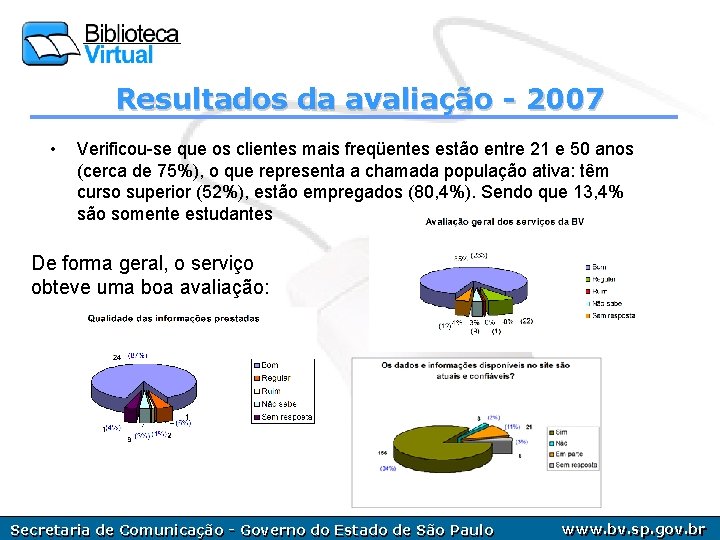 Resultados da avaliação - 2007 • Verificou-se que os clientes mais freqüentes estão entre