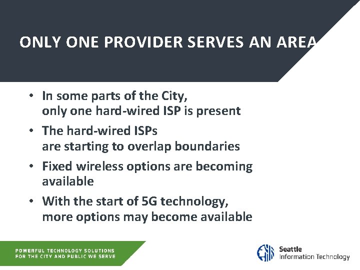 ONLY ONE PROVIDER SERVES AN AREA • In some parts of the City, only