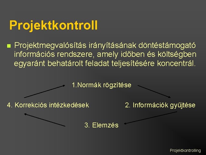 Projektkontroll Projektmegvalósítás irányításának döntéstámogató információs rendszere, amely időben és költségben egyaránt behatárolt feladat teljesítésére