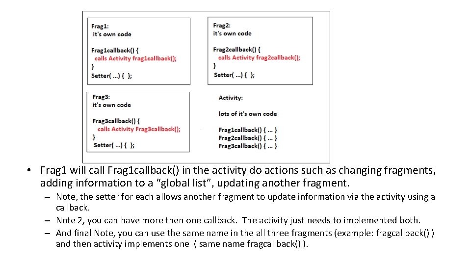  • Frag 1 will call Frag 1 callback() in the activity do actions