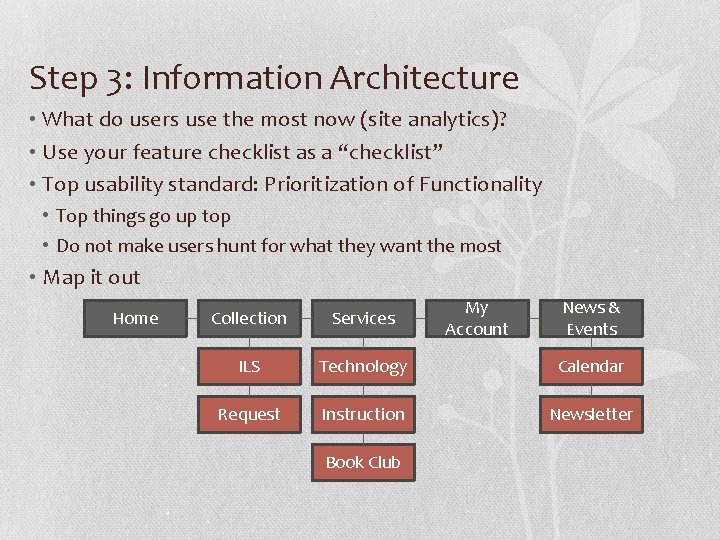 Step 3: Information Architecture • What do users use the most now (site analytics)?