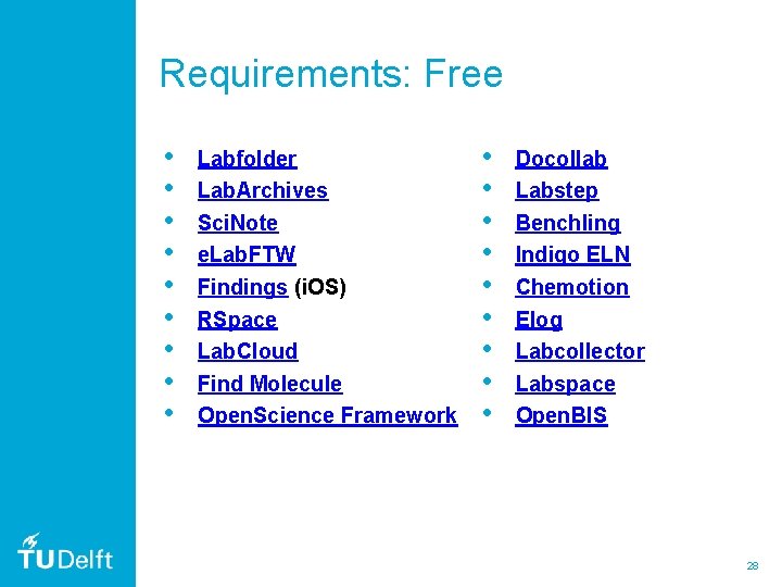 Requirements: Free • • • Labfolder Lab. Archives Sci. Note e. Lab. FTW Findings