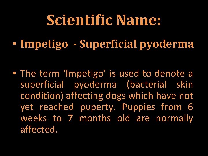 Scientific Name: • Impetigo - Superficial pyoderma • The term ‘Impetigo’ is used to