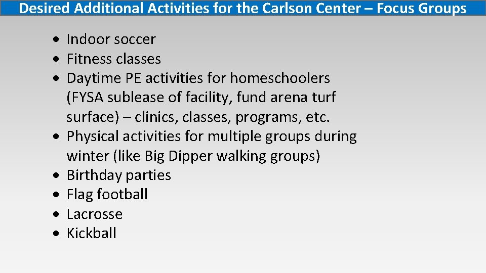 Desired Additional Activities for the Carlson Center – Focus Groups Indoor soccer Fitness classes Desired Additional Activities for the Carlson Center – Focus Groups Indoor soccer Fitness classes