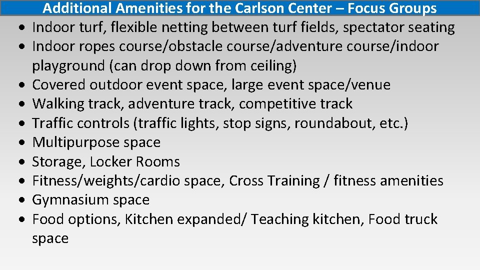  Additional Amenities for the Carlson Center – Focus Groups Indoor turf, flexible netting