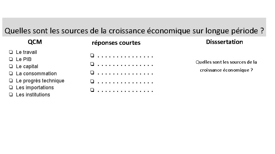 Quelles sont les sources de la croissance économique sur longue période ? QCM ❏