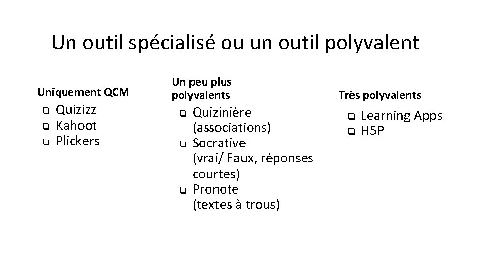 Un outil spécialisé ou un outil polyvalent Uniquement QCM ❏ ❏ ❏ Quizizz Kahoot