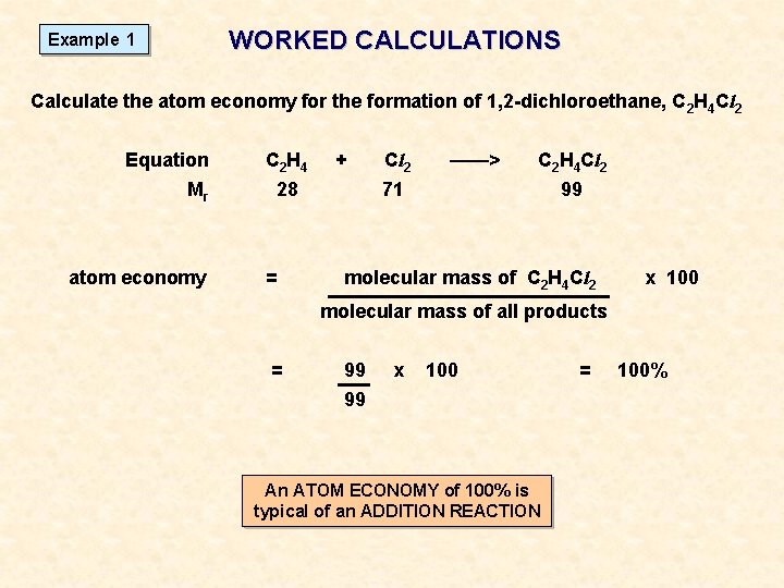 WORKED CALCULATIONS Example 1 Calculate the atom economy for the formation of 1, 2