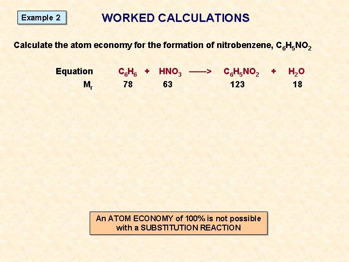 WORKED CALCULATIONS Example 2 Calculate the atom economy for the formation of nitrobenzene, C