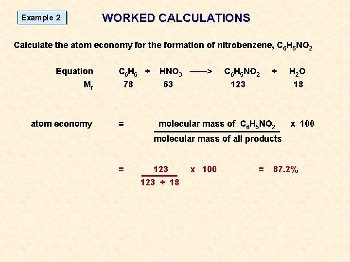 WORKED CALCULATIONS Example 2 Calculate the atom economy for the formation of nitrobenzene, C