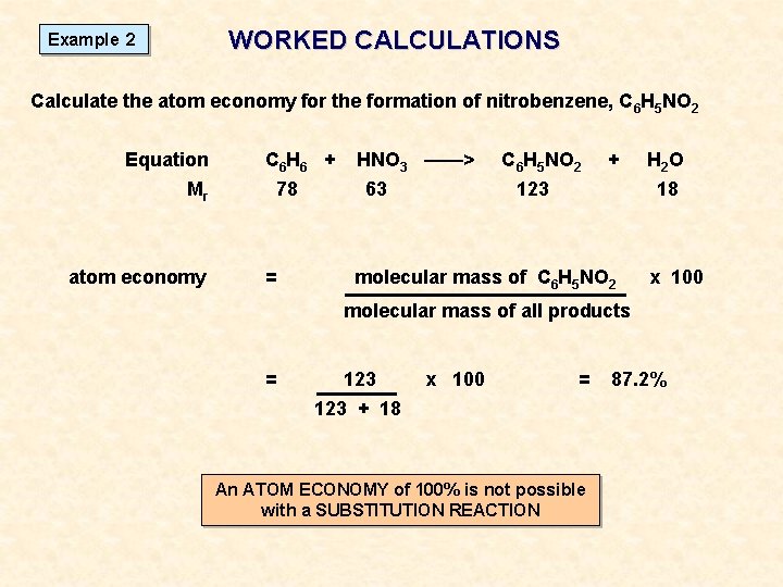 WORKED CALCULATIONS Example 2 Calculate the atom economy for the formation of nitrobenzene, C