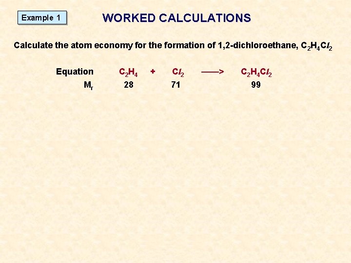 WORKED CALCULATIONS Example 1 Calculate the atom economy for the formation of 1, 2