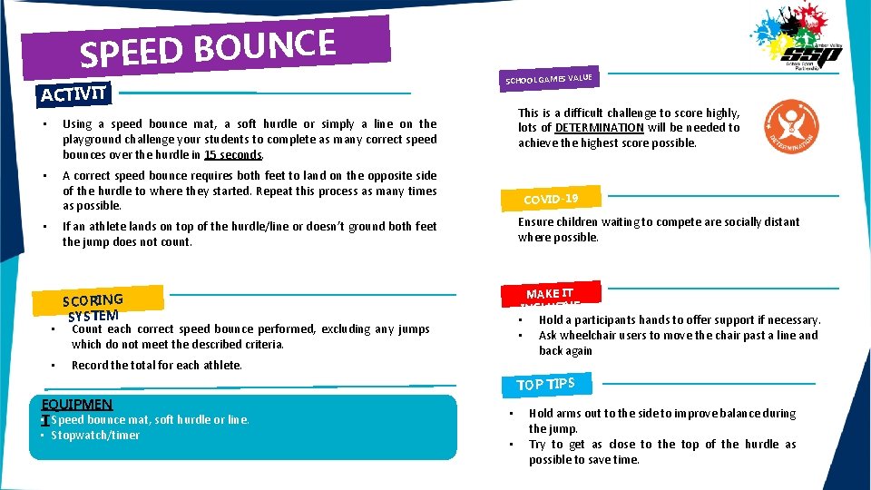 SPEED BOUNCE ACTIVIT Y • Using a speed bounce mat, a soft hurdle or