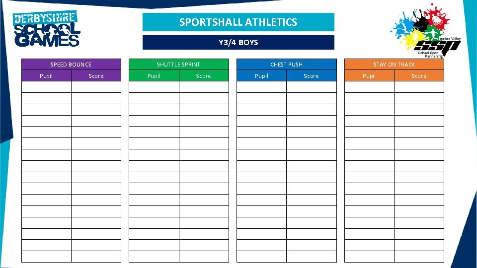 SPORTSHALL ATHLETICS Y 3/4 BOYS SPEED BOUNCE Pupil Score SHUTTLE SPRINT Pupil Score CHEST