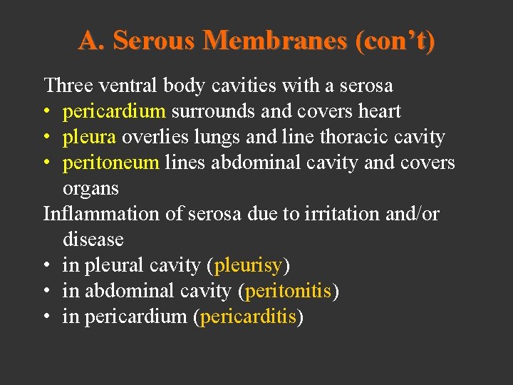 A. Serous Membranes (con’t) Three ventral body cavities with a serosa • pericardium surrounds