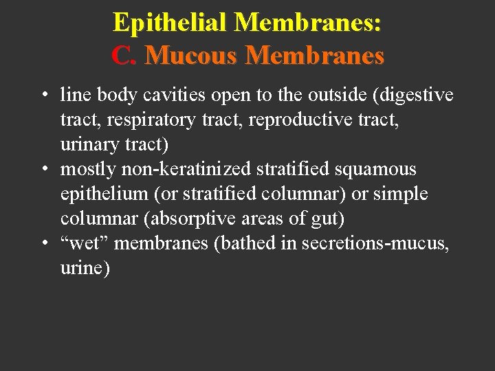 Epithelial Membranes: C. Mucous Membranes • line body cavities open to the outside (digestive