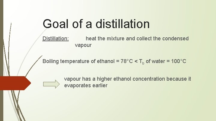 Goal of a distillation Distillation: heat the mixture and collect the condensed vapour Boiling