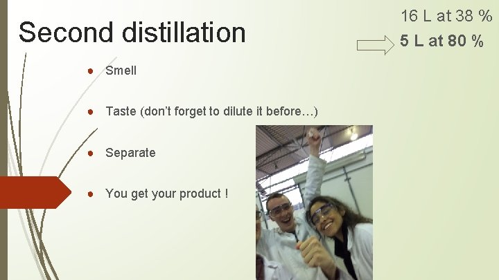 Second distillation ● Smell ● Taste (don’t forget to dilute it before…) ● Separate