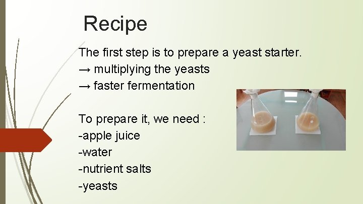 Recipe The first step is to prepare a yeast starter. → multiplying the yeasts