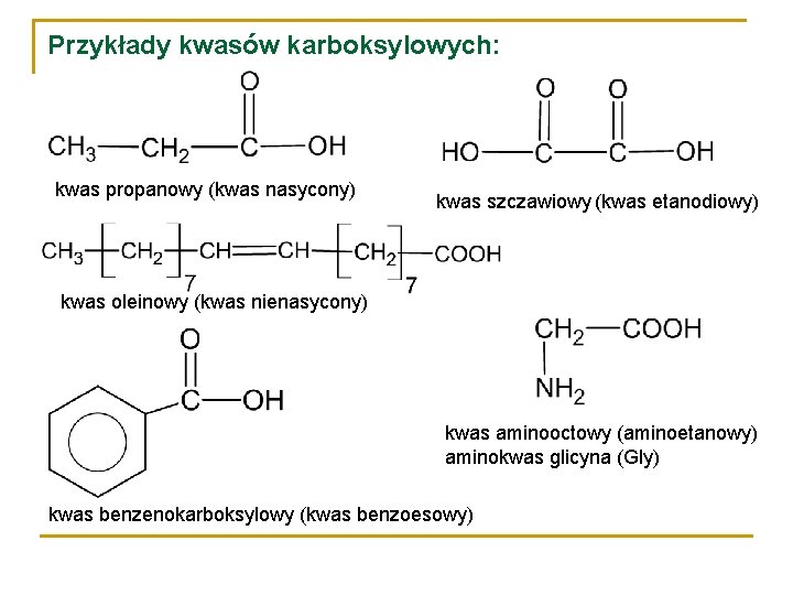 Kwasy karboksylowe Kwasy karboksylowe to jednofunkcyjne pochodne wglowodorw
