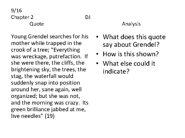 9/16 Chapter 2 Quote DJ Young Grendel searches for his mother while trapped in