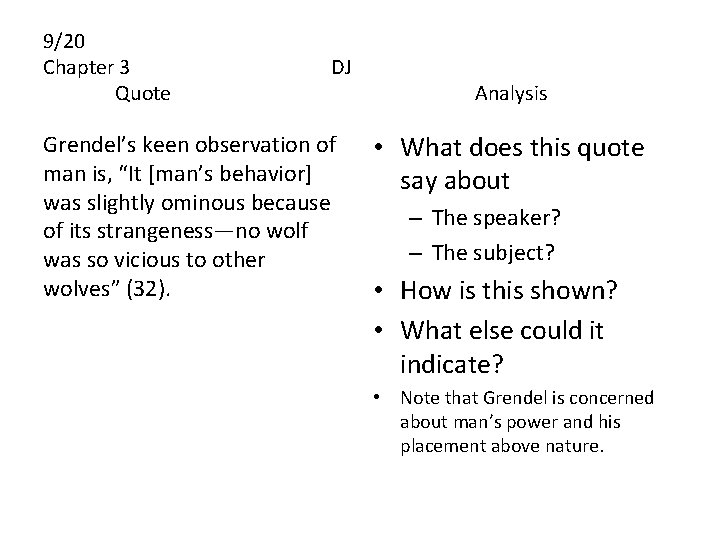 9/20 Chapter 3 Quote DJ Grendel’s keen observation of man is, “It [man’s behavior]