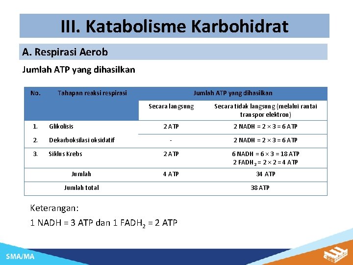 III. Katabolisme Karbohidrat A. Respirasi Aerob Jumlah ATP yang dihasilkan No. Tahapan reaksi respirasi