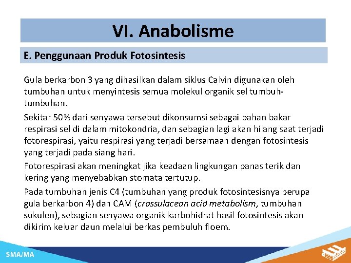 VI. Anabolisme E. Penggunaan Produk Fotosintesis Gula berkarbon 3 yang dihasilkan dalam siklus Calvin