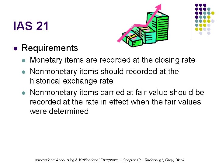 IAS 21 l Requirements l l l Monetary items are recorded at the closing