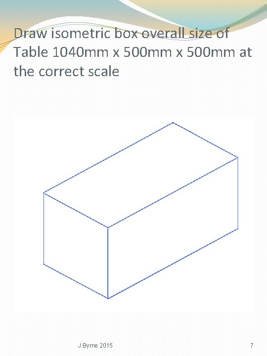 Draw isometric box overall size of Table 1040 mm x 500 mm at the
